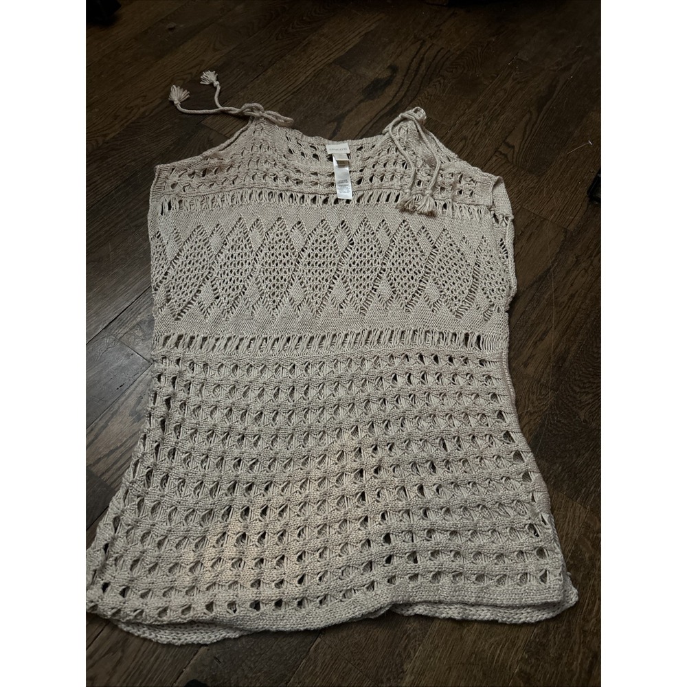Chico's Beige Open Knit Sleeveless Sweater Cold‎ Shoulder Ties Tassels Sz 2 Med
